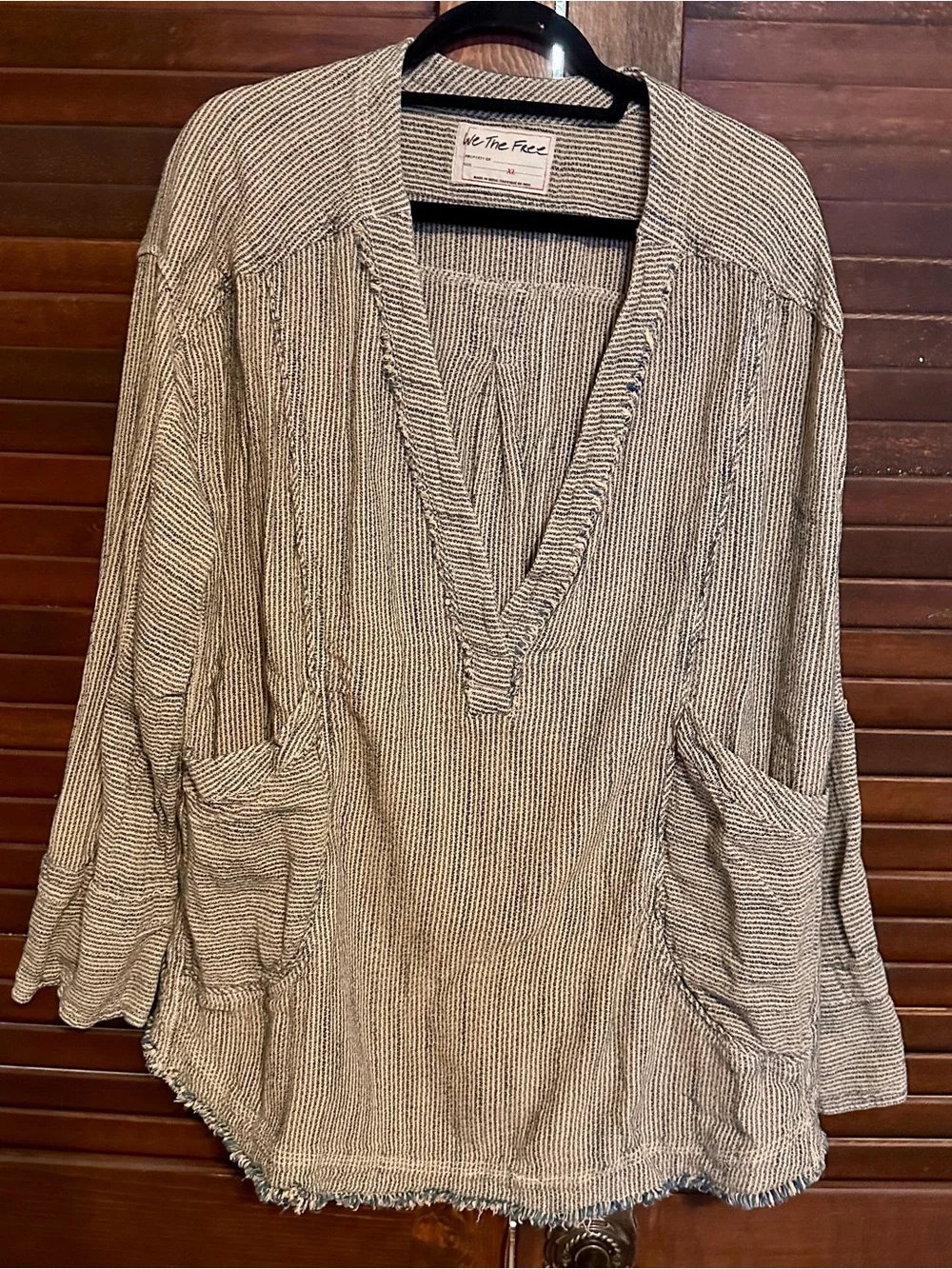 Free People We The Free By The Shore Slouchy Shirt Deep V-Neck Railroad Stripes - Picture 6 of 16